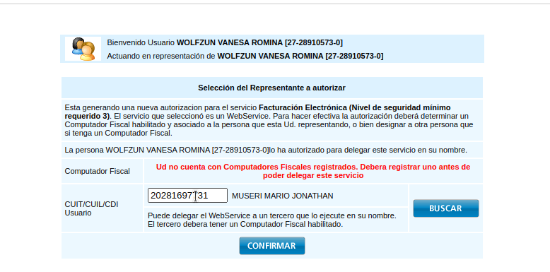 Pantalla de error en AFIP